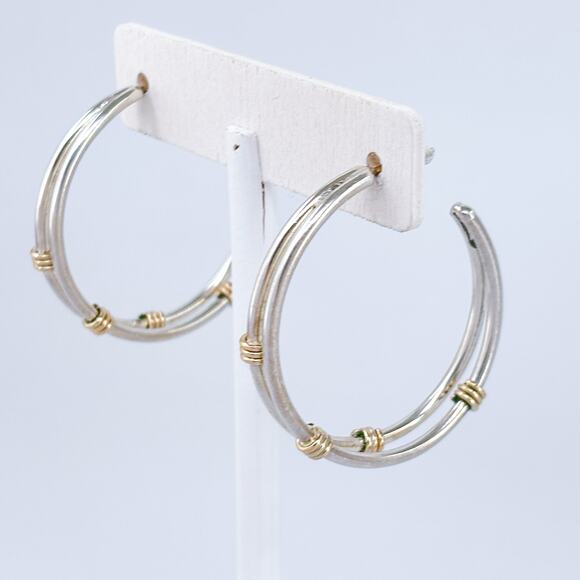 Vintage Sterling Silver 925 Double Shank Gold-Tone Wire Wrapped Hoop Earrings - Picture 6 of 9